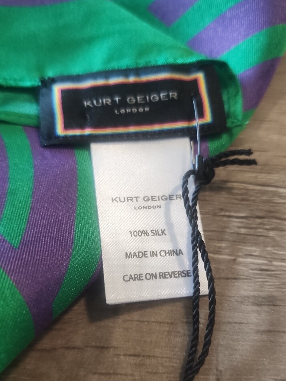 Kurt Geiger Green & Purple Geometric Silk Neck Scarf - Picture 6 of 11